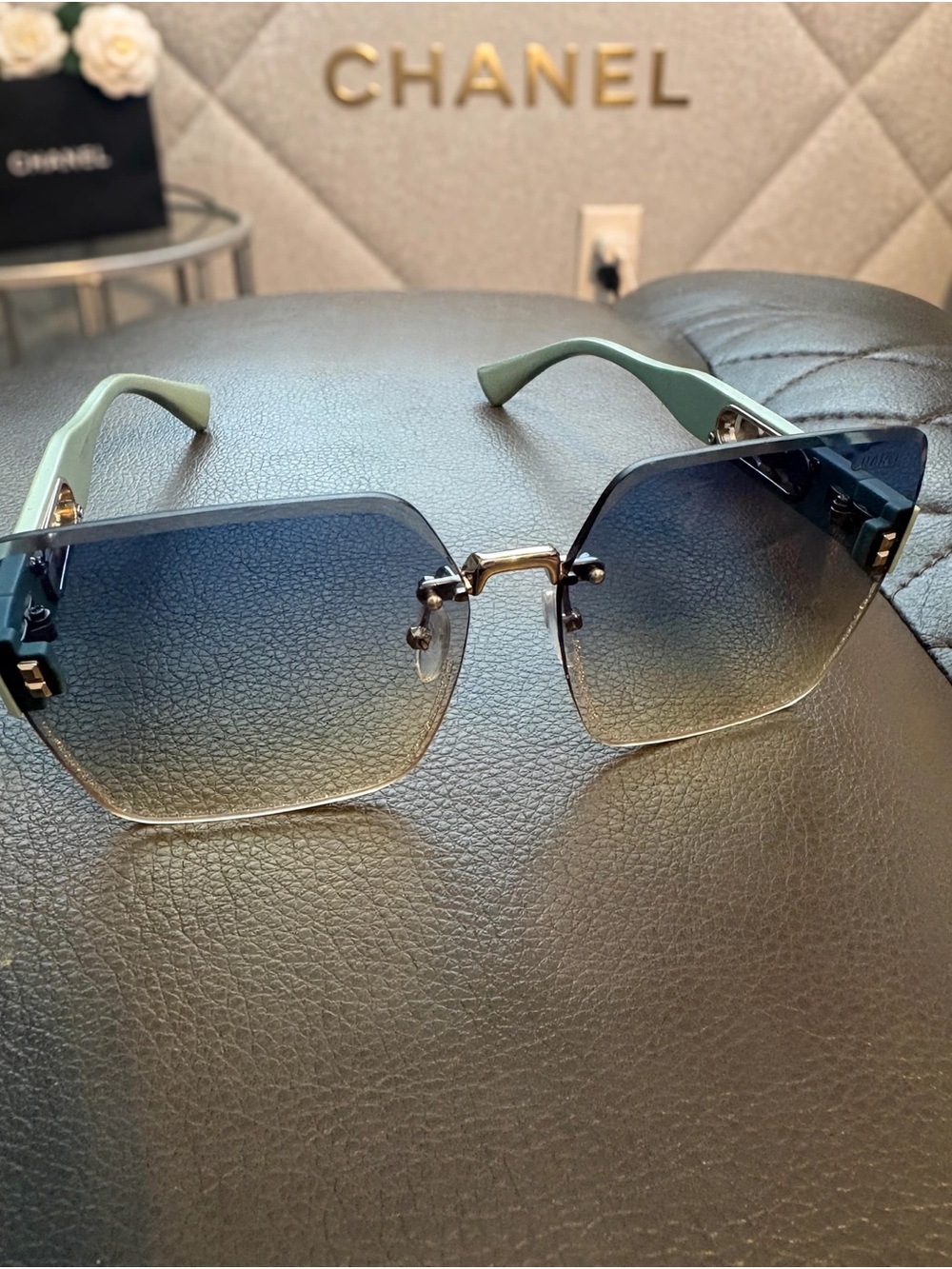 Chanel Gradient Square Rimless Sunglasses in Blue and Green